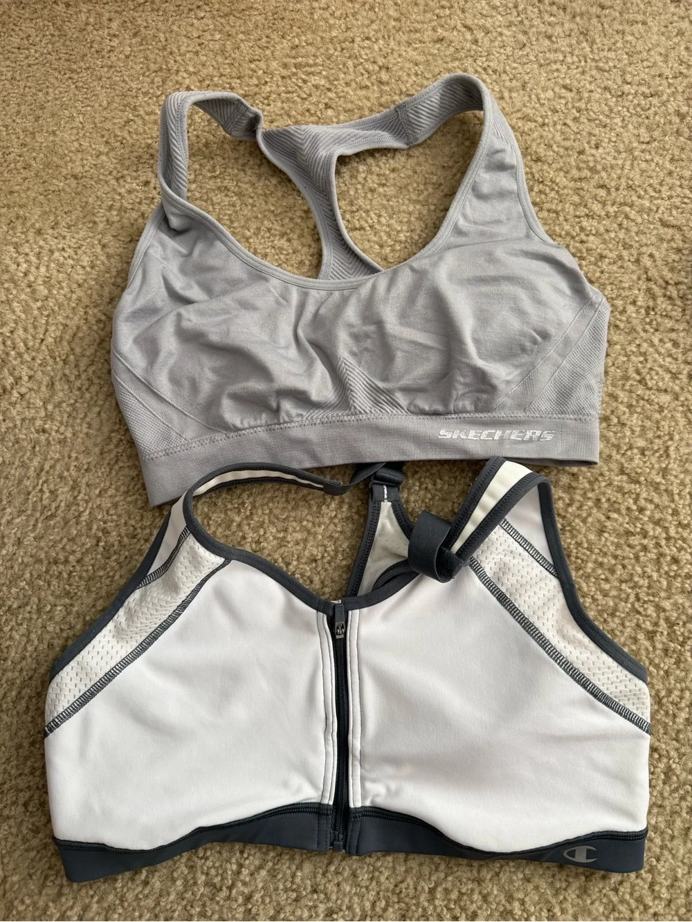 Skechers Gray Racerback Sports Bra & Champion White Front-Zip Sports Bra Set